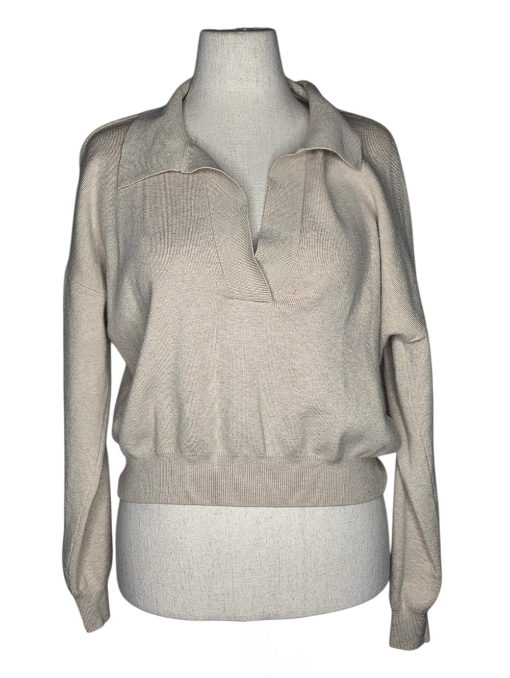 One Grey Day Beige Collared V Neck Knit Sweater Medium Soft Relaxed